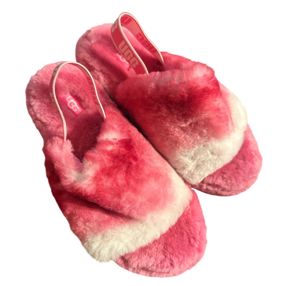 UGG Kids Pink White Tie Dye Fluffy Furry Slides Slippers Sandals Size 4